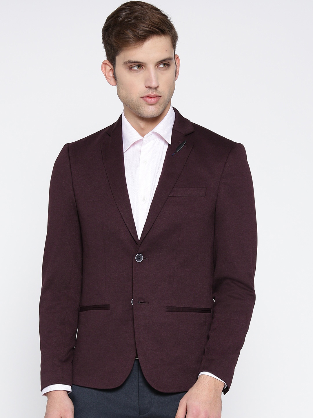 

Jack & Jones Burgundy Solid Single-Breasted Slim Fit Formal Blazer