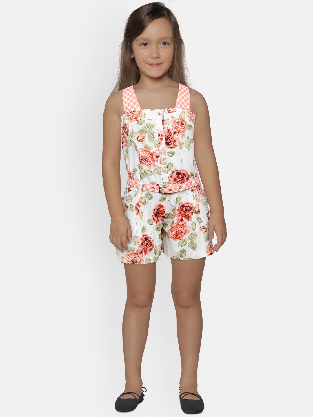 

Peppermint Girls Peach-Coloured & Off-White Printed Basic Jumpsuit