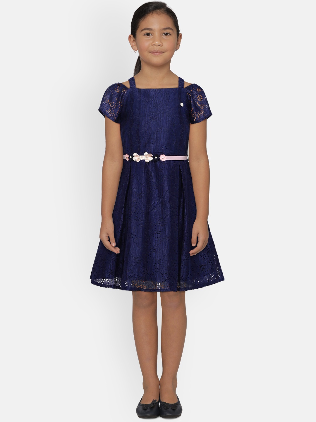 

Peppermint Girls Navy Blue Self Design Fit and Flare Lace Dress