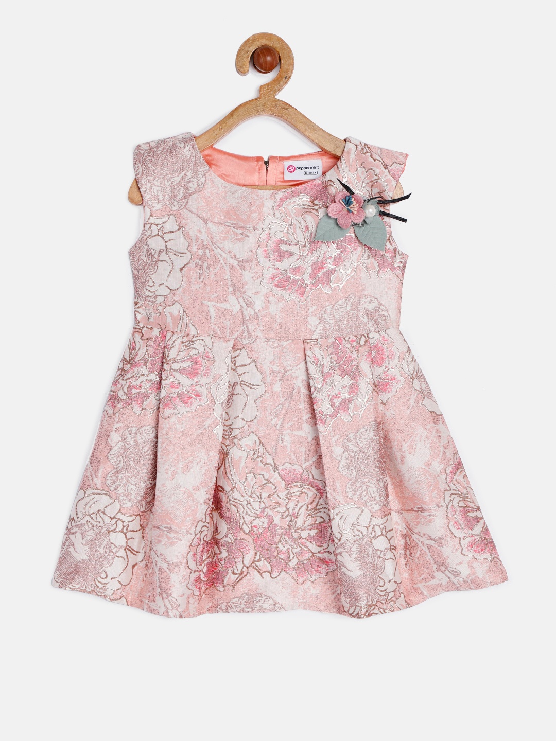 

Peppermint Girls Peach-Coloured Self-Design Fit and Flare Dress