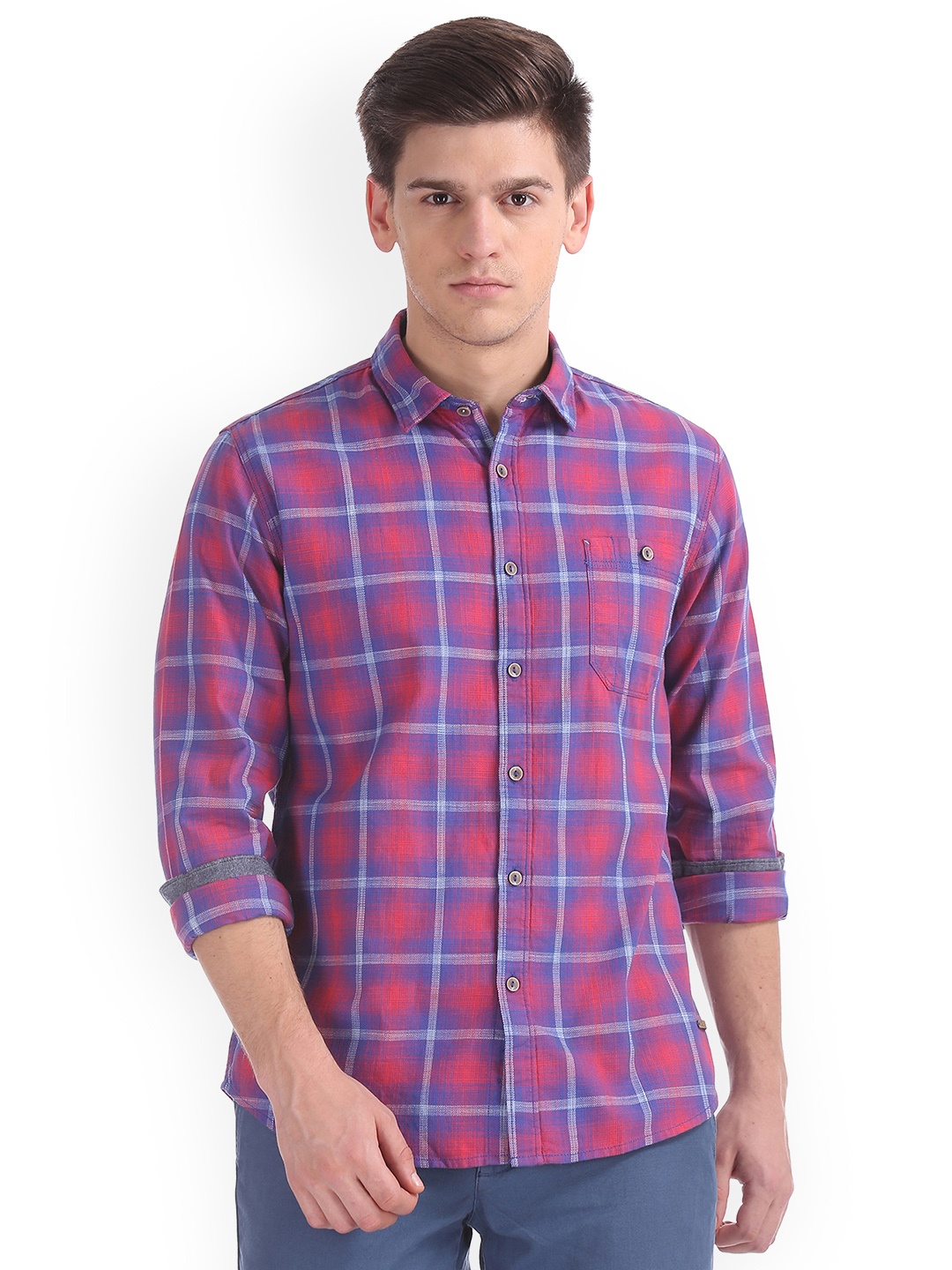 

Cherokee Men Red & Blue Regular Fit Checked Casual Shirt