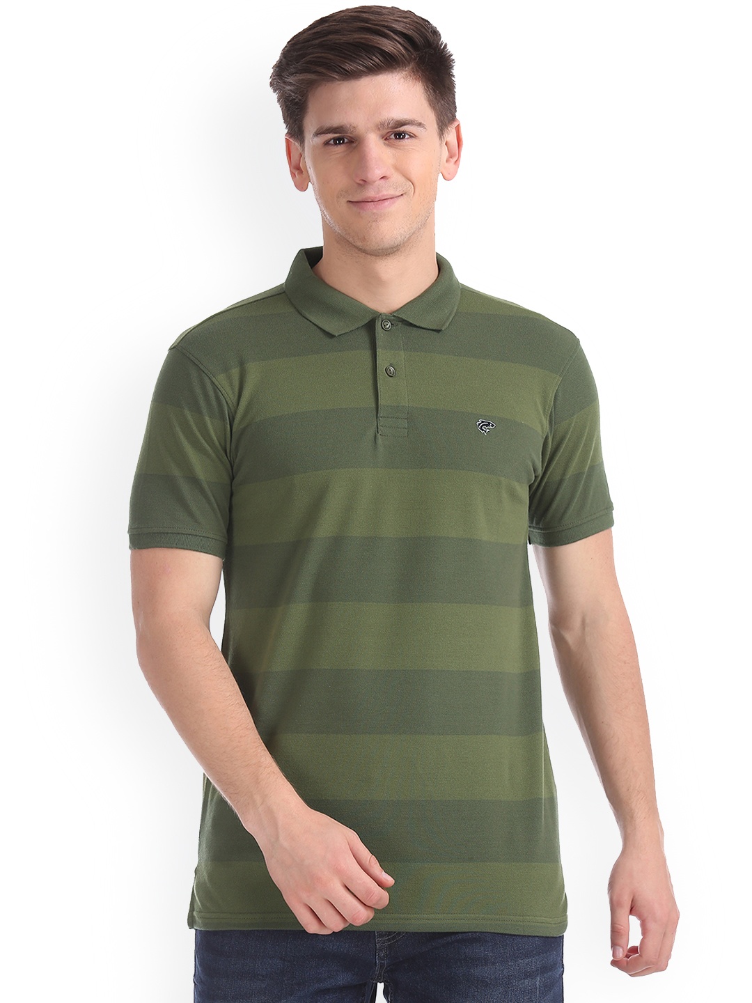 

Ruggers Men Olive Green Striped Polo Collar T-shirt