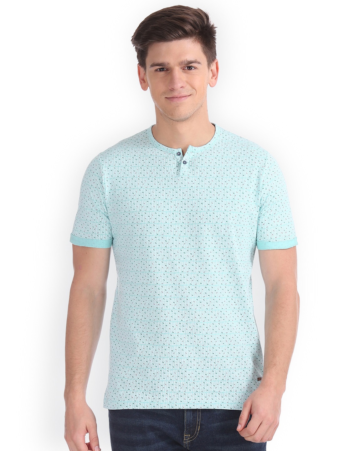 

Cherokee Men Turquoise Blue Printed Henley Neck Pure Cotton T-shirt