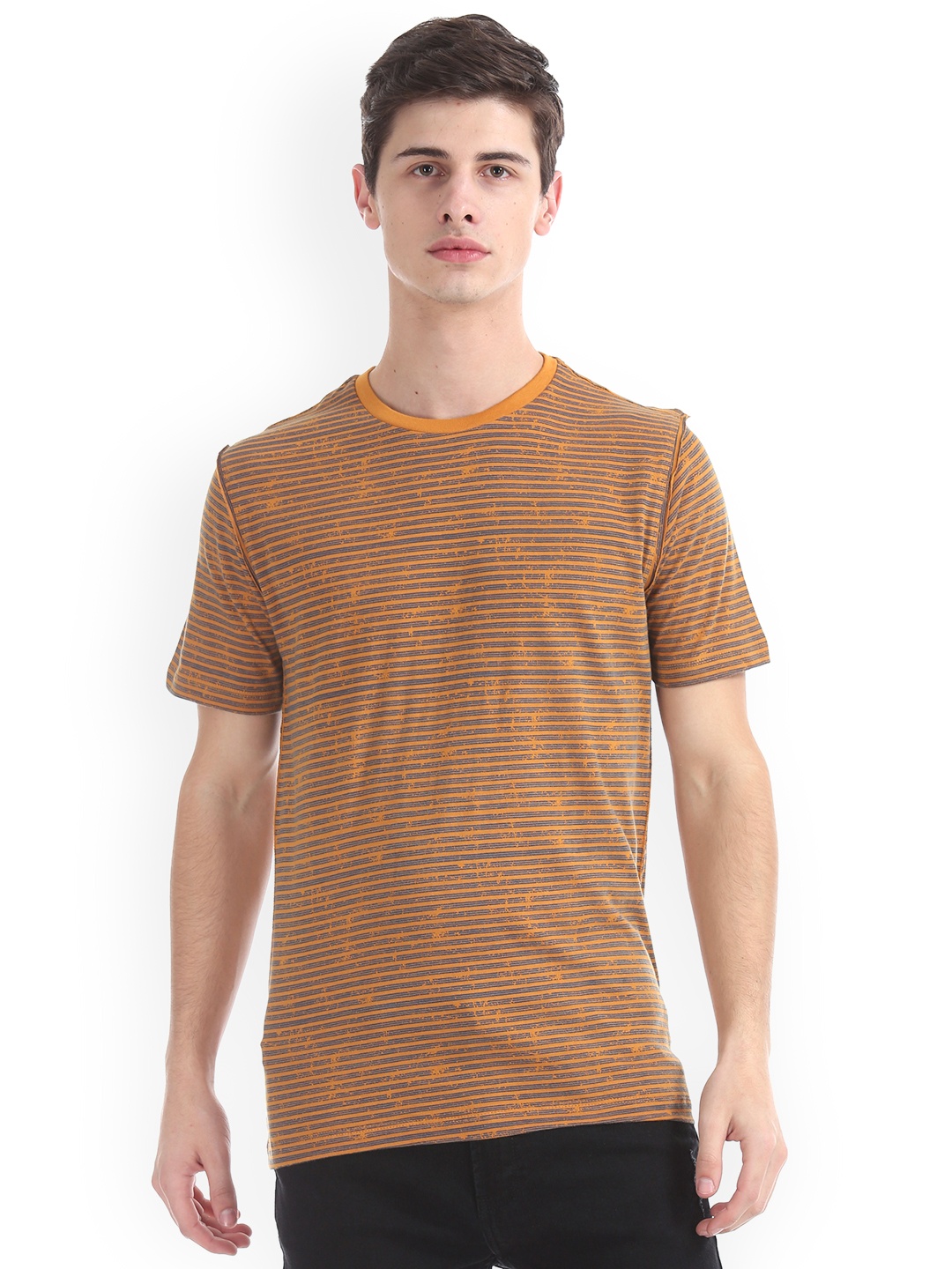 

Cherokee Men Yellow Blue Striped Round Neck Pure Cotton T-shirt