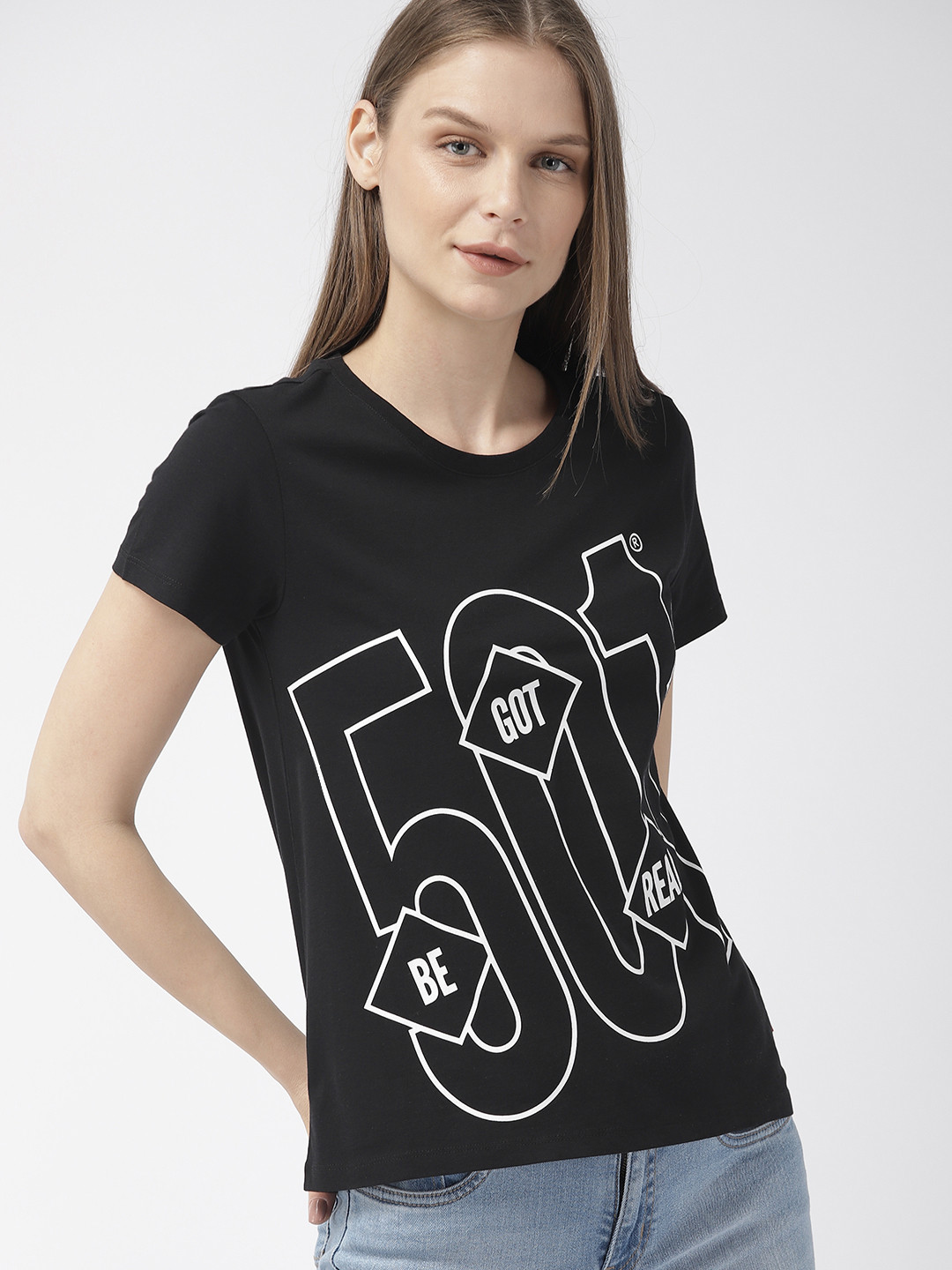 

Levis Women Black White Printed Round Neck Pure Cotton T-shirt