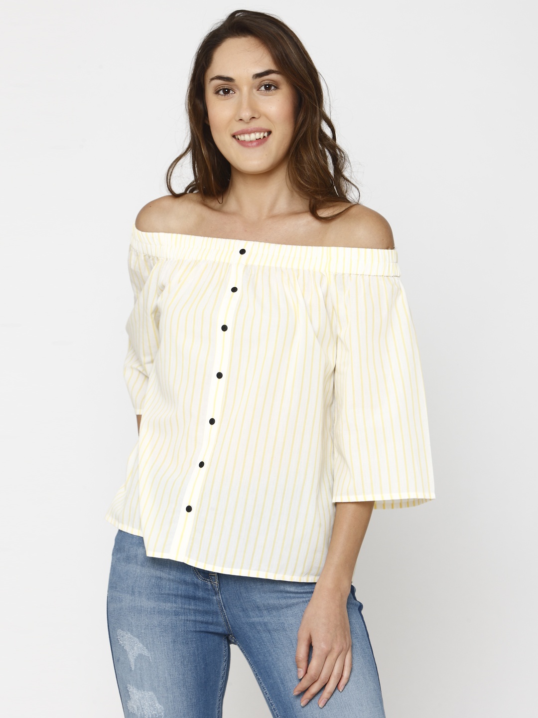 

Vero Moda Women White & Yellow Striped Bardot Pure Cotton Top