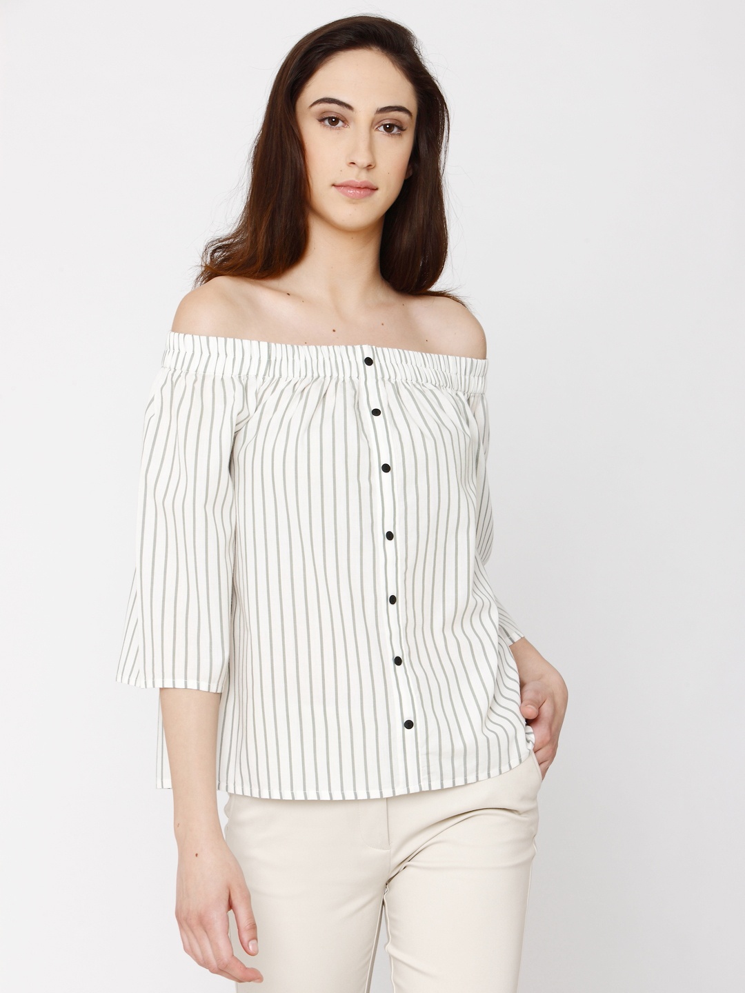 

Vero Moda Women Off-White Striped Bardot Pure Cotton Top