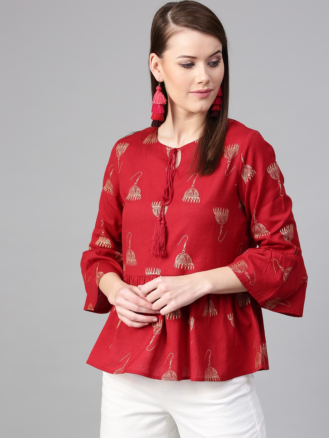 

RARE ROOTS Women Maroon & Golden Conversational Printed A-Line Pure Cotton Top