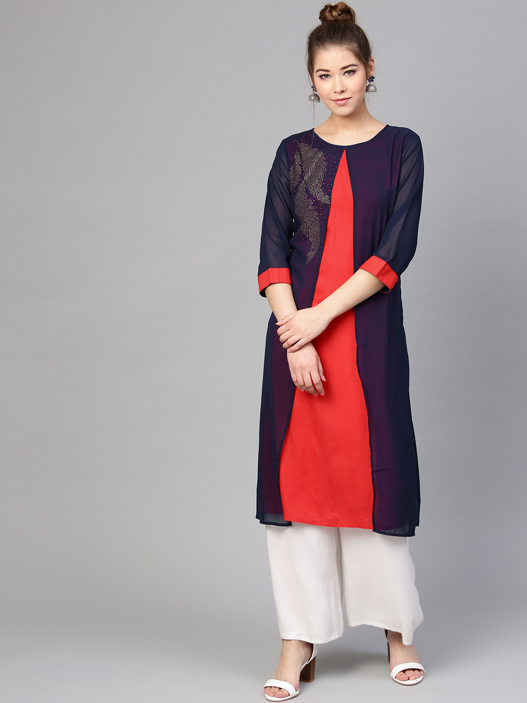

RARE ROOTS Women Navy Blue & Red Colourblocked Layered A-Line Kurta
