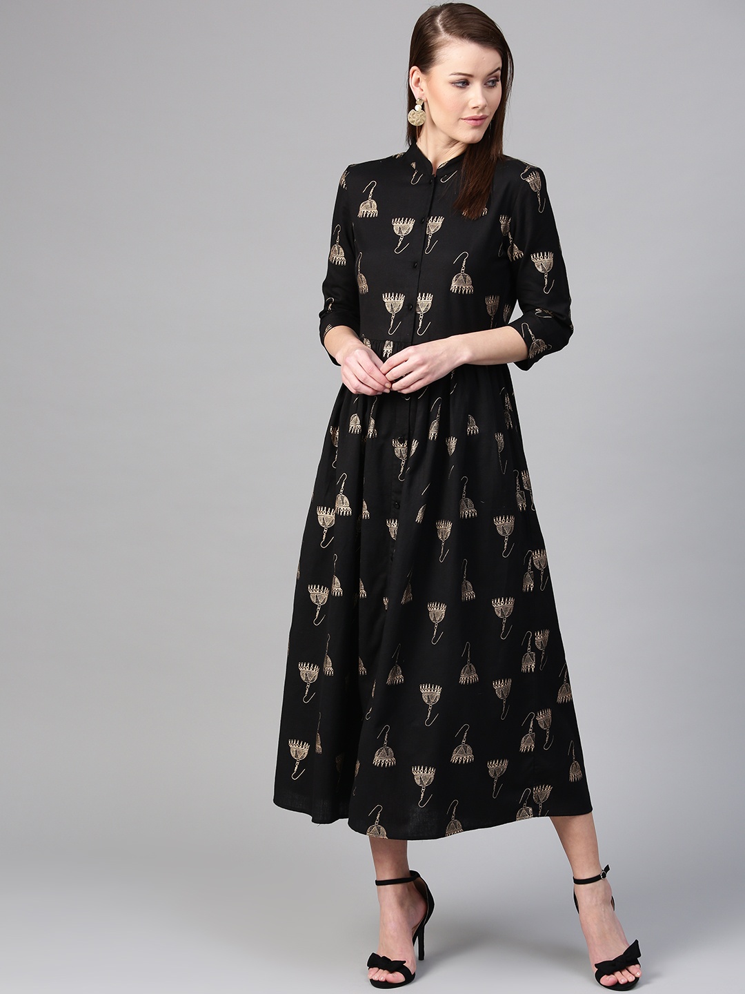 

RARE ROOTS Women Black & Golden Printed A-Line Dress