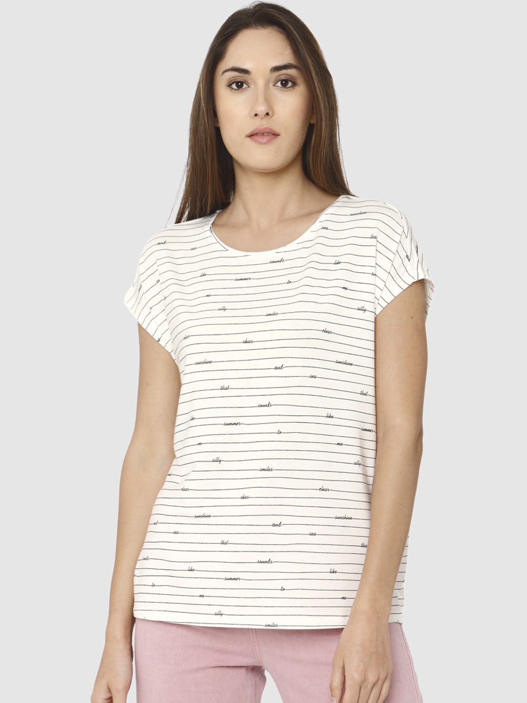 

Vero Moda Women White & Black Striped Round Neck T-shirt