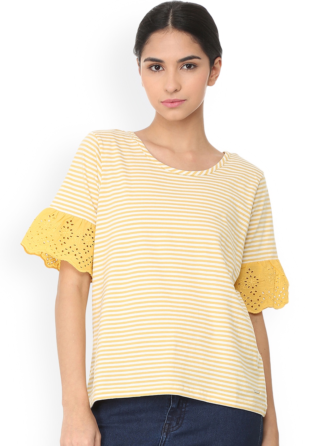 

Van Heusen Woman Yellow & White Striped Pure Cotton Top