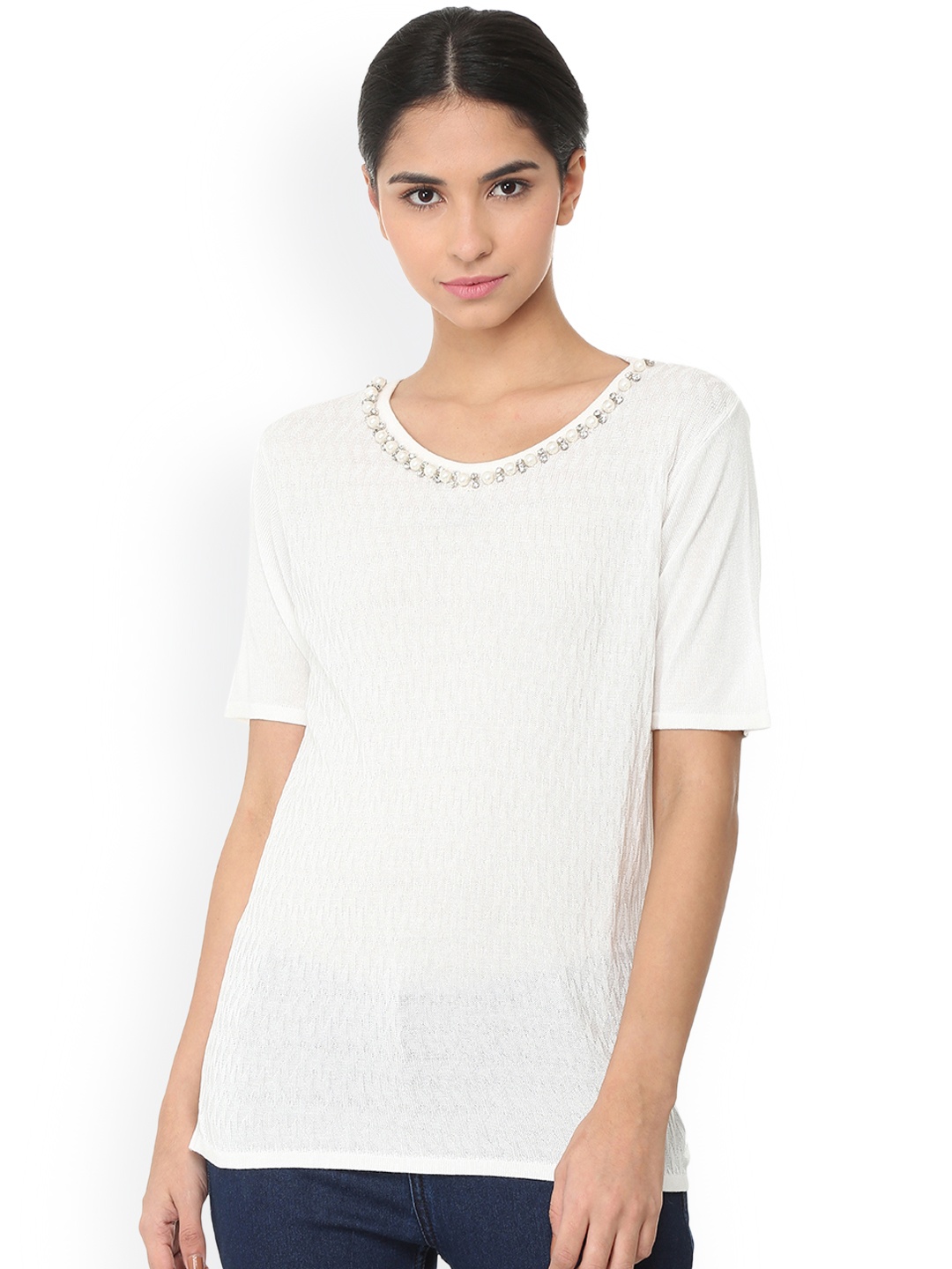 

Van Heusen Woman Women White Self Design Pure Cotton Top
