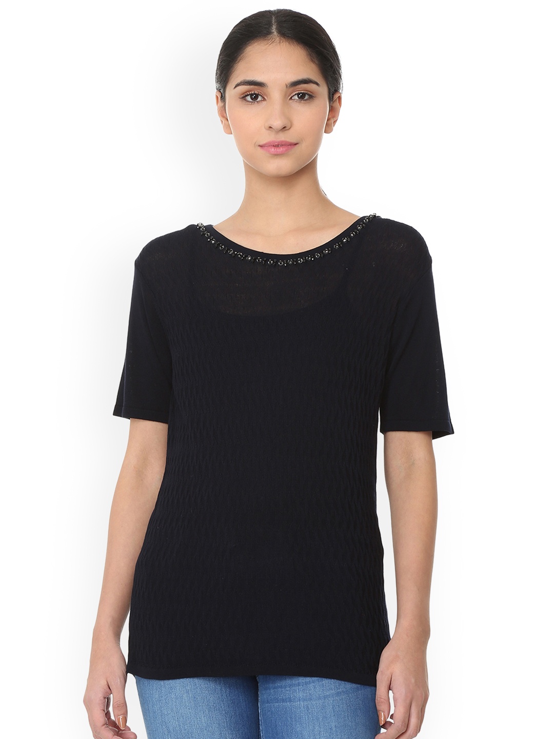 

Van Heusen Woman Women Navy Blue Embellished Pure Cotton Top