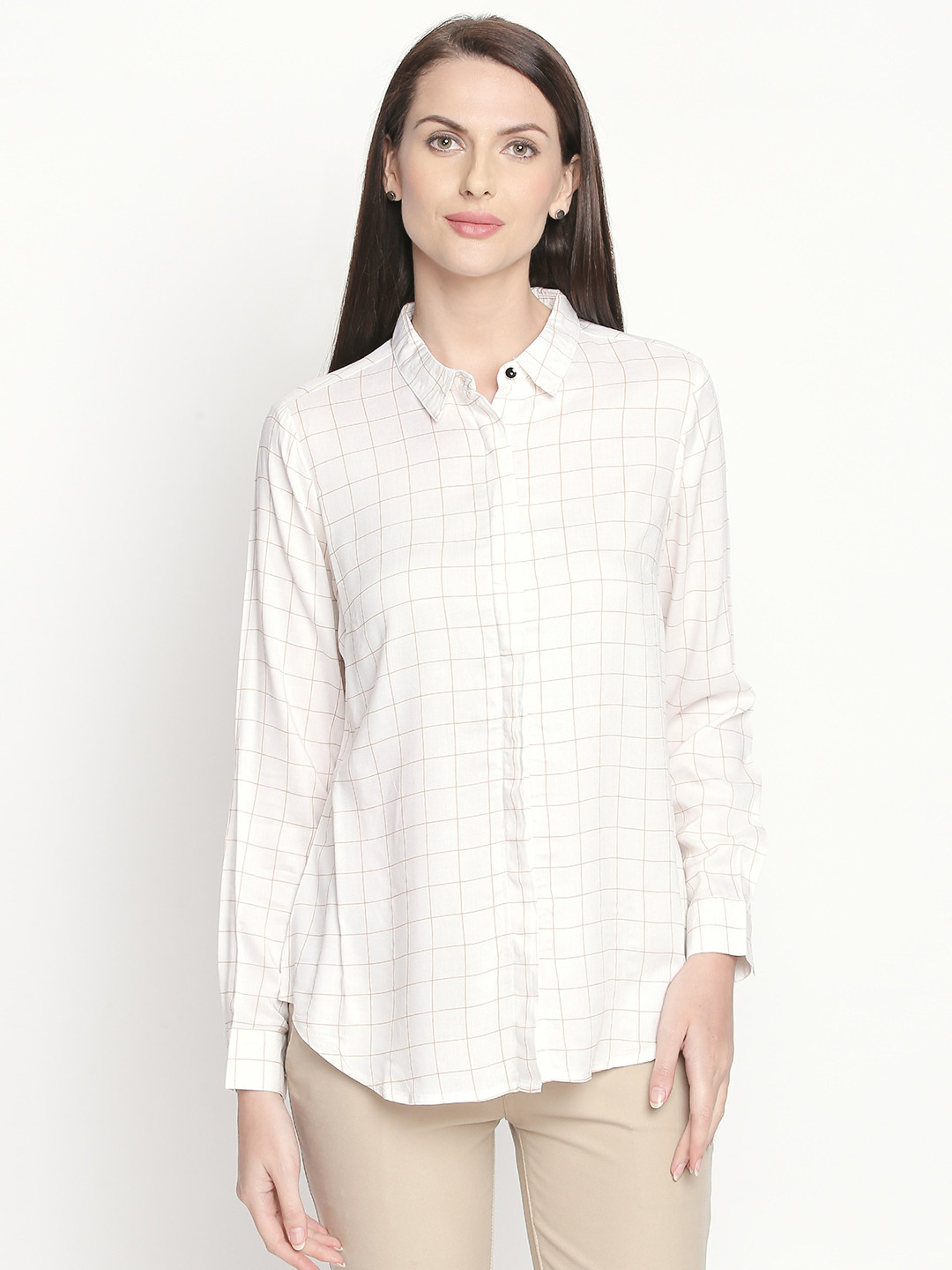 

Annabelle by Pantaloons Women White & Beige Regular Fit Checked Casual Shirt