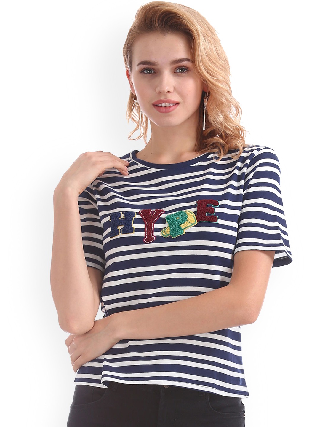 

Sugr Women Blue Striped Round Neck T-shirt