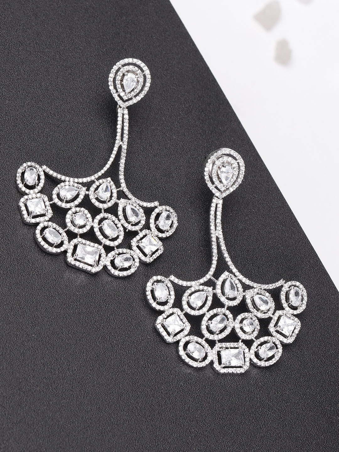 

Designs By Jewels Galaxy Silver-Toned Rhodium-Plated Studded Handcrafted Drop Earrings