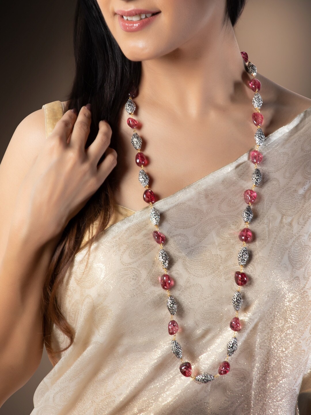 

Rubans Gold Plated Vintage CZ Studded Faux Ruby Beads Handcrafted long Necklace