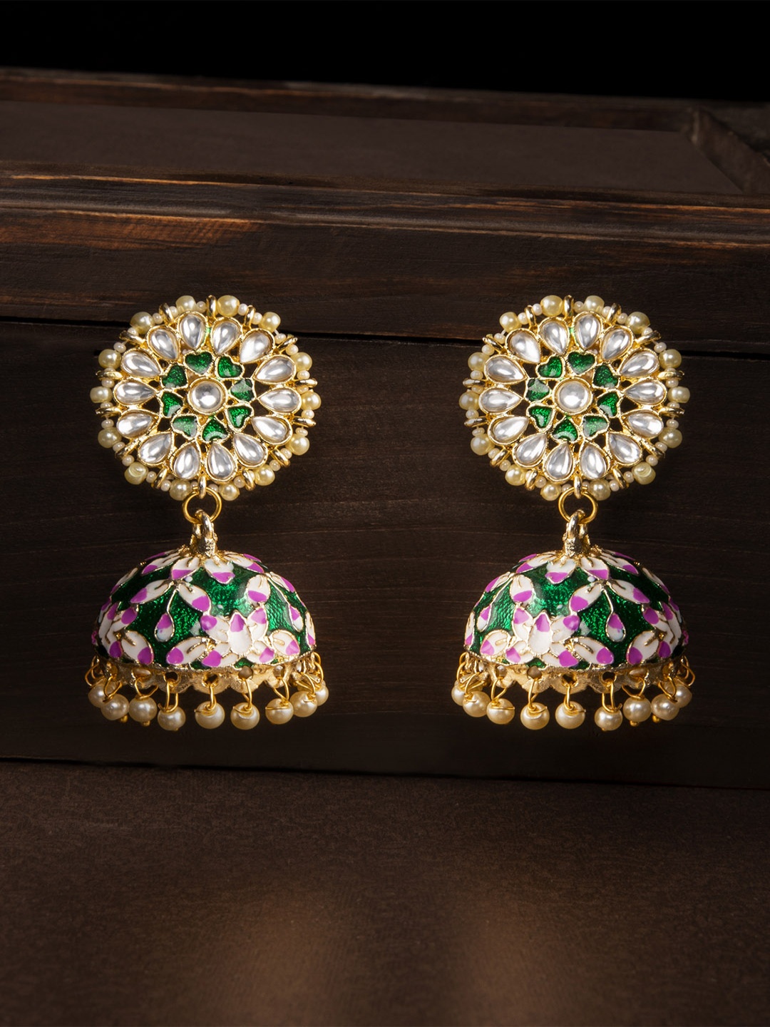

Rubans Gold-Toned & Green Classic Jhumkas