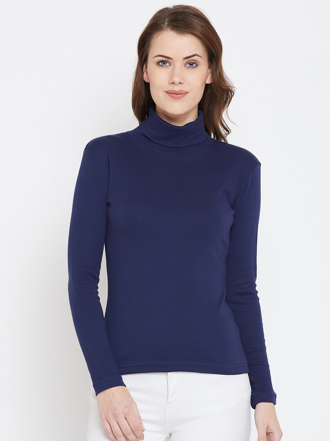 

Hypernation Women Navy Blue Solid Pure Cotton Top