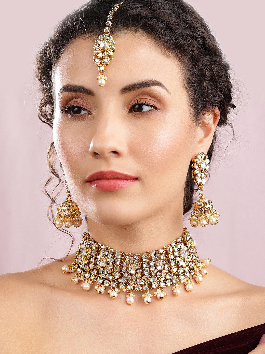 

Rubans Gold Plated AD & Pearl Studded Jewellery Set With Maangtikka