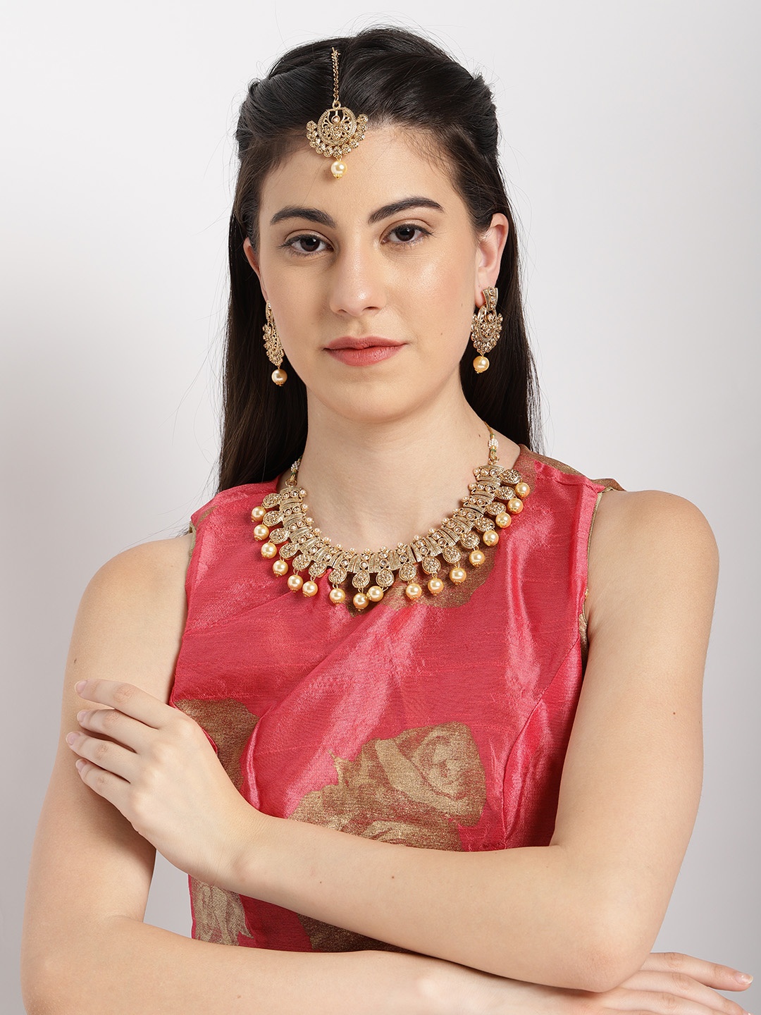 

Rubans Gold Plated AD Stones & Pearl Studded Jewellery Set