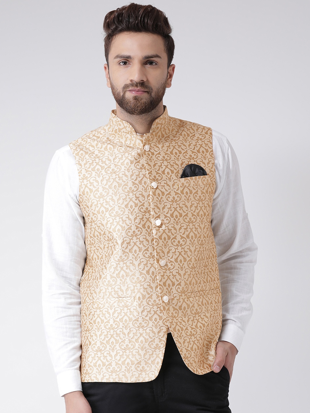 

Hangup Men Gold-Coloured Printed Linen Nehru Jacket