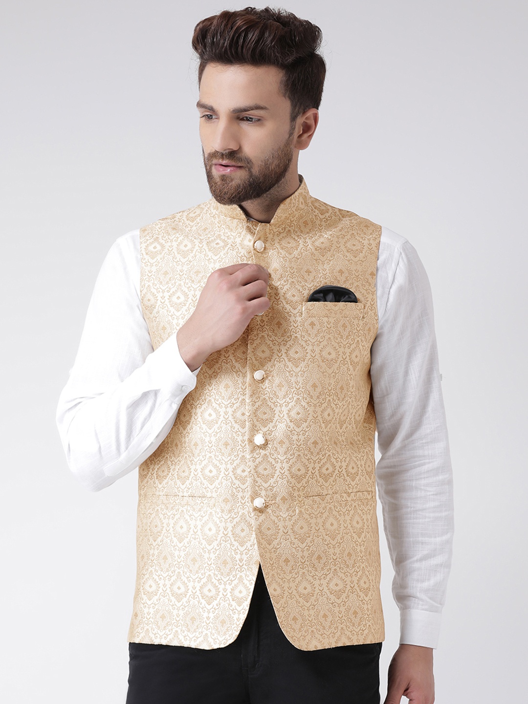 

Hangup Men Gold-Coloured Printed Nehru Jacket
