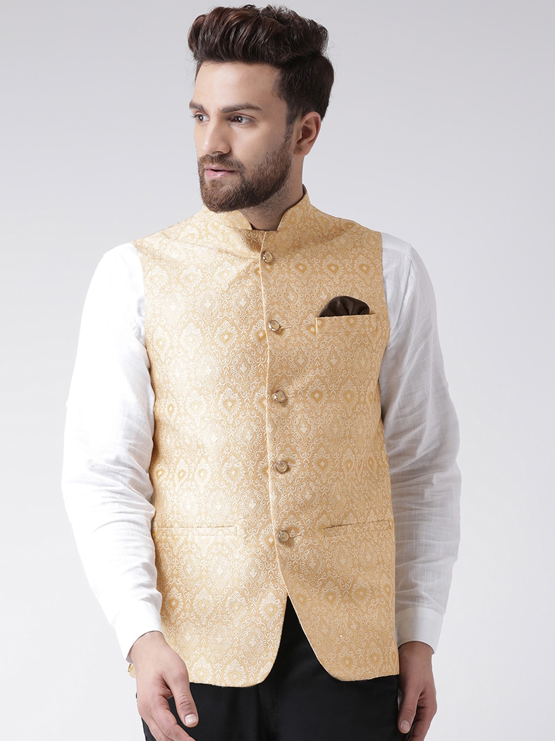 

Hangup Men Gold-Toned Printed Nehru Jacket