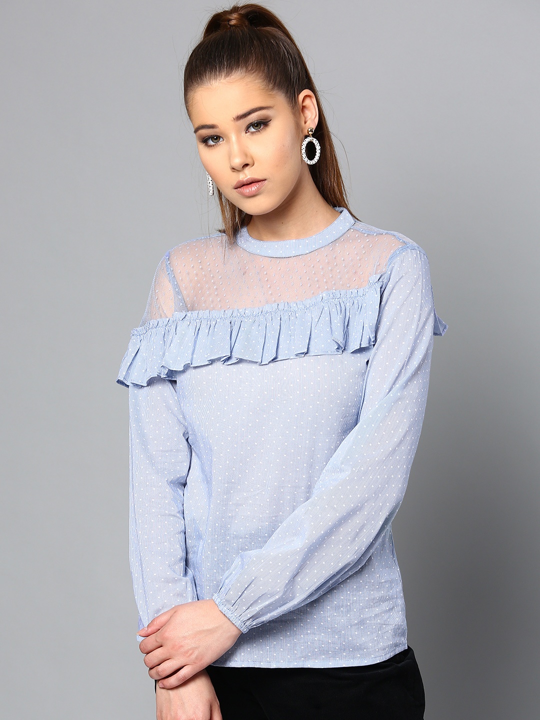 

RARE Women Blue & White Printed Semi-Sheer Pure Cotton Top
