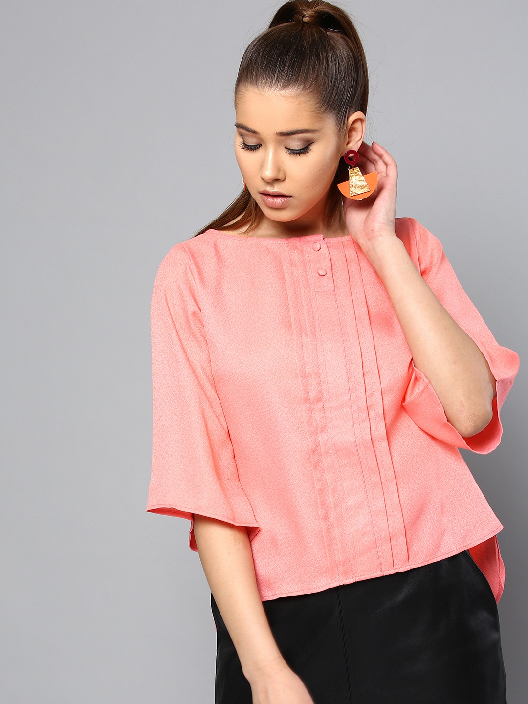 

RARE Women Coral Pink Solid High-Low Top