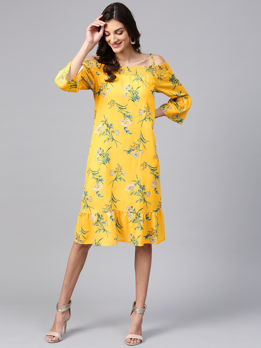 

Zima Leto Women Yellow & Green Printed Off-Shoulder A-Line Dress