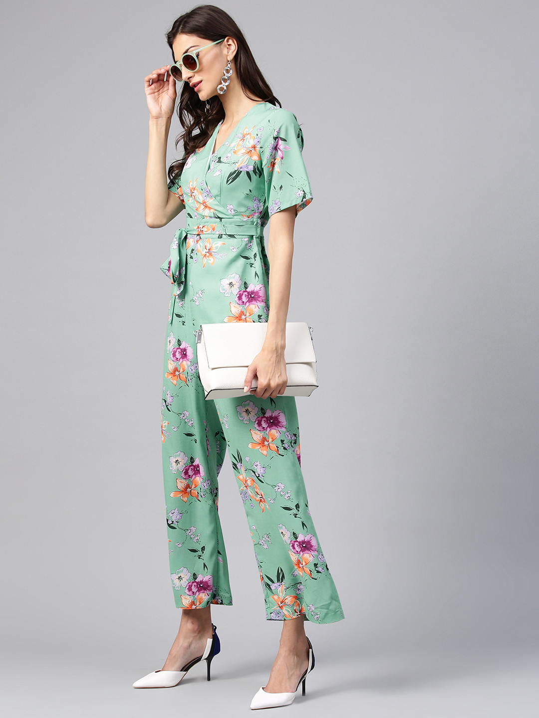 

Zima Leto Green & Lavender Printed Basic Jumpsuit