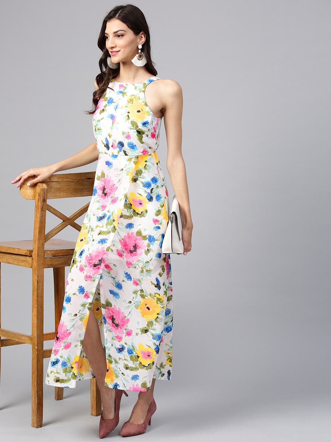 

Zima Leto Women White & Yellow Floral Print Maxi Dress