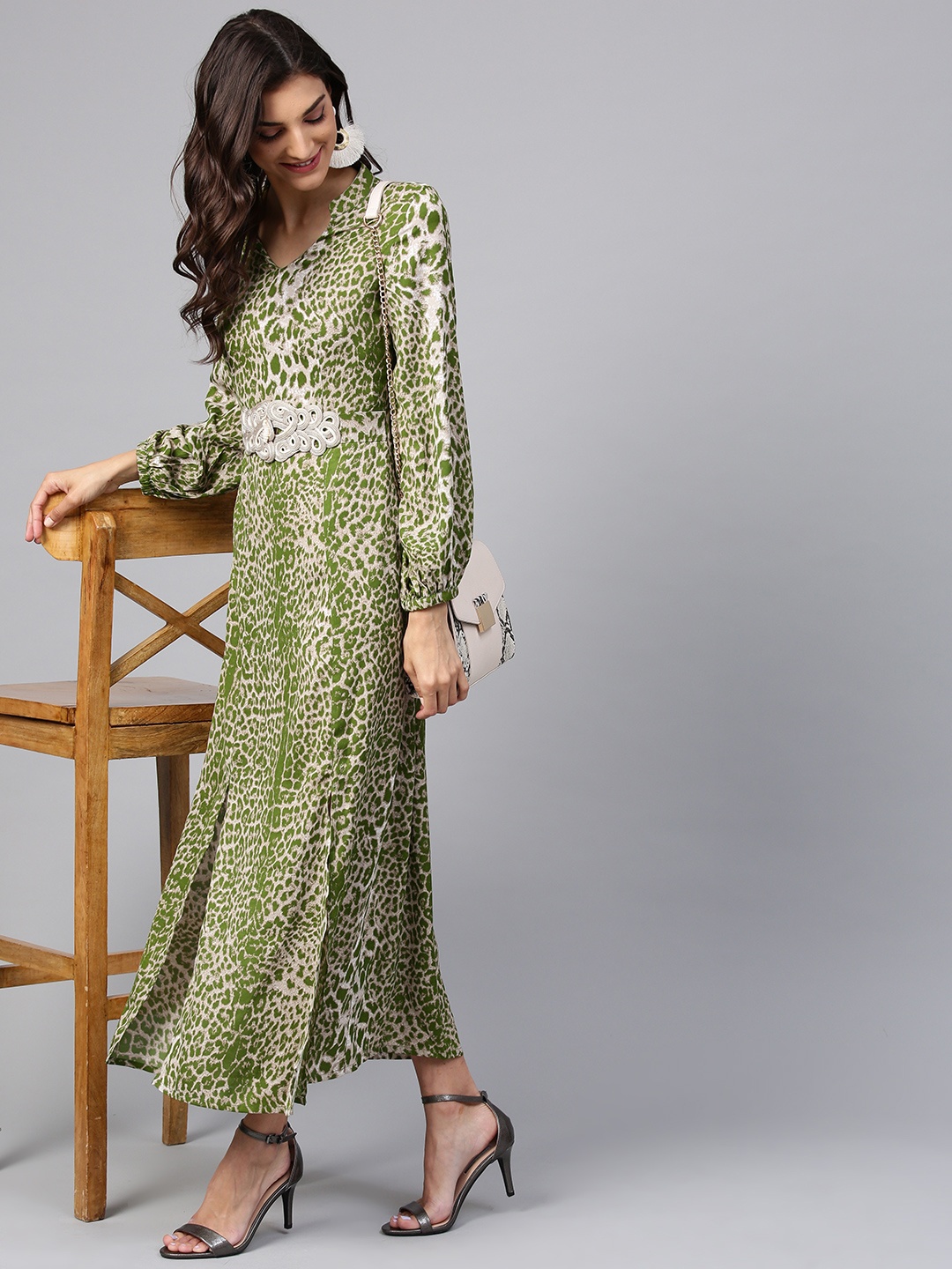 

Zima Leto Women Beige & Green Animal Print Maxi Dress