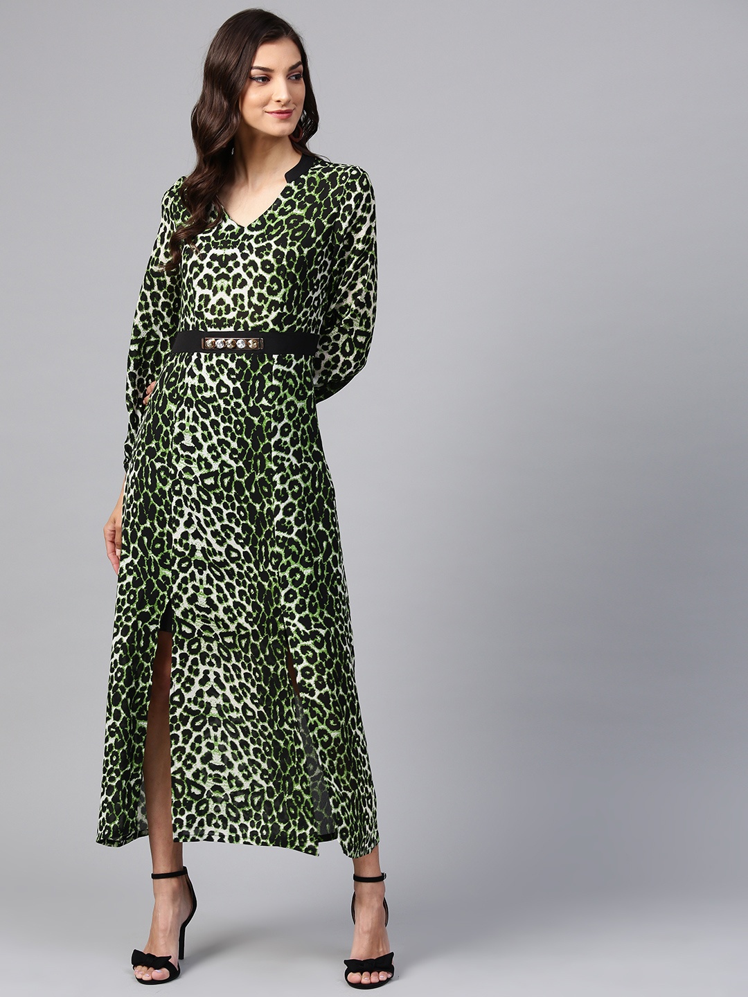 

Zima Leto Women Green & Black Animal Print Maxi Dress