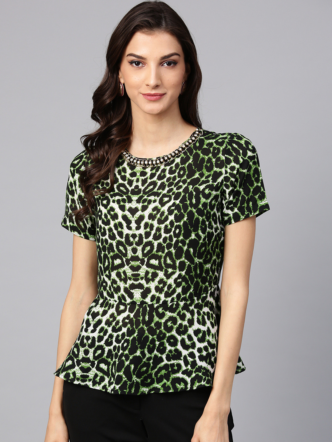 

Zima Leto Women Green & White Animal Print A-Line Top
