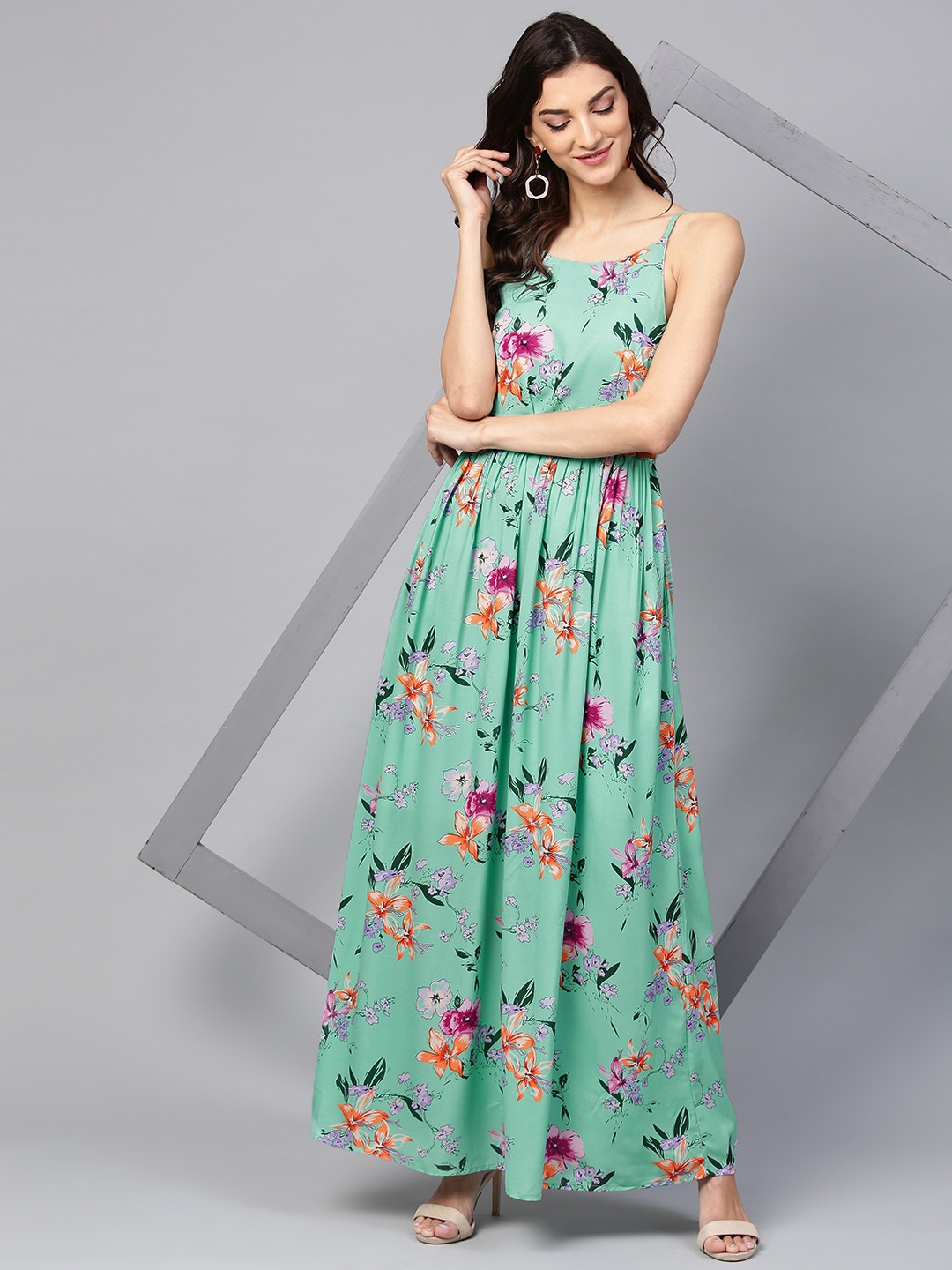 

Zima Leto Women Green Floral Print Maxi Dress