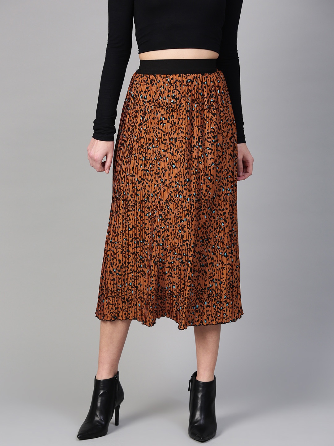 

Zima Leto Women Brown & Black Animal Print Accordion Pleat A-Line Skirt