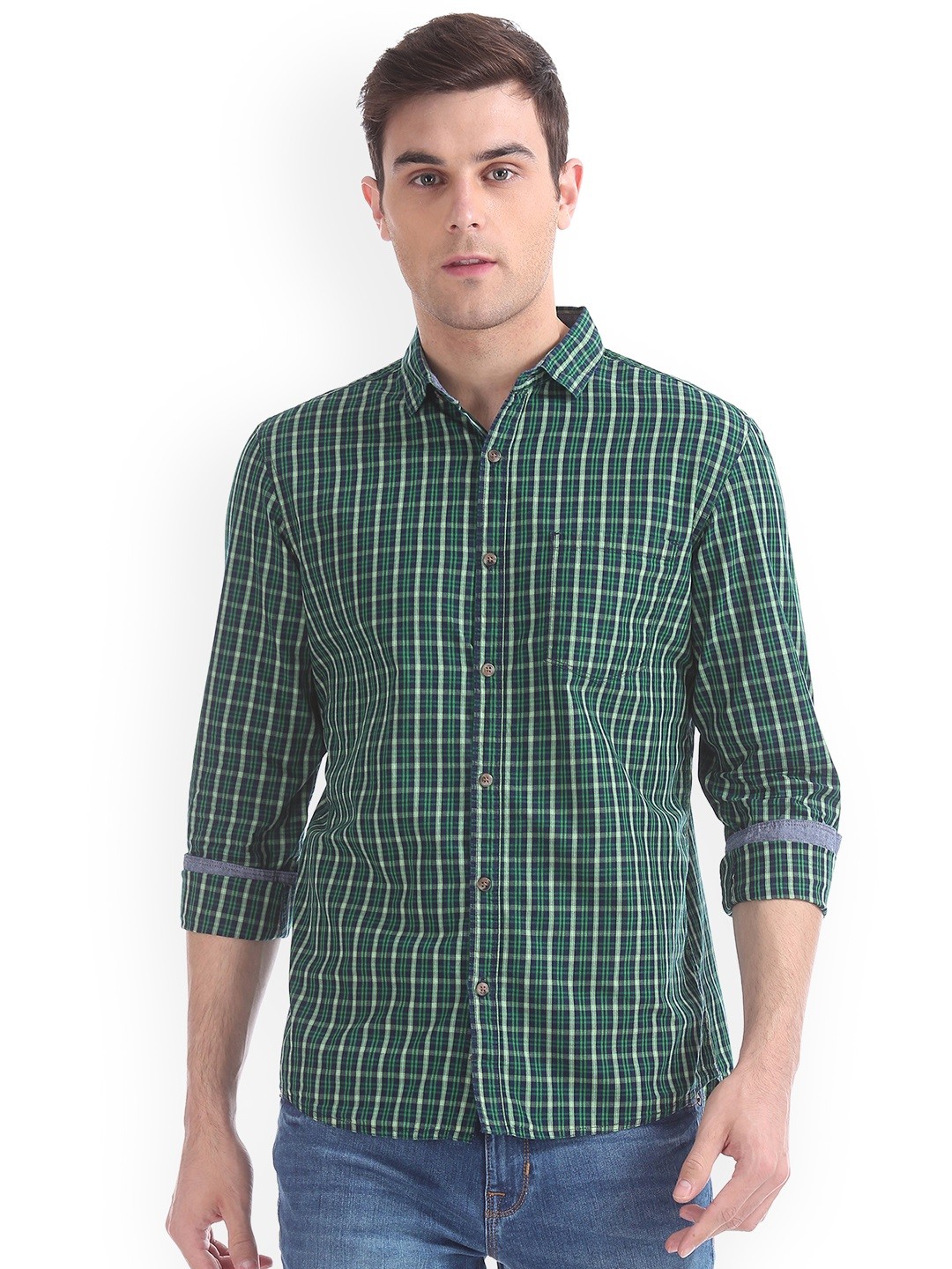 

Ruggers Men Green & Navy Blue Regular Fit Checked Casual Shirt