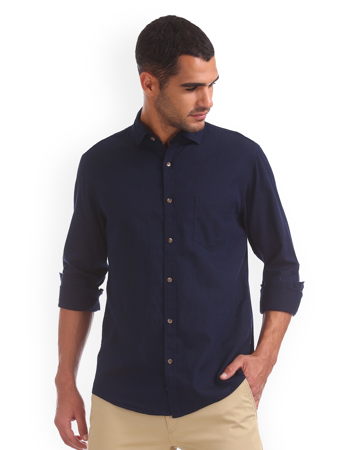 

Ruggers Men Navy Blue Regular Fit Solid Casual Shirt