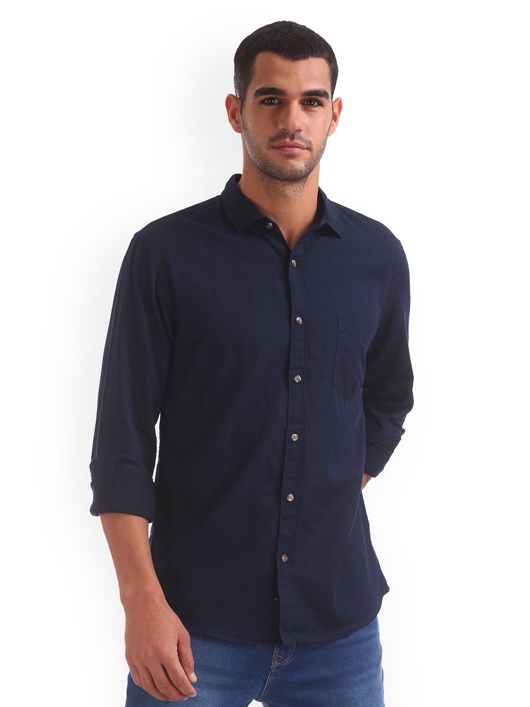 

Ruggers Men Navy Blue Regular Fit Solid Casual Shirt