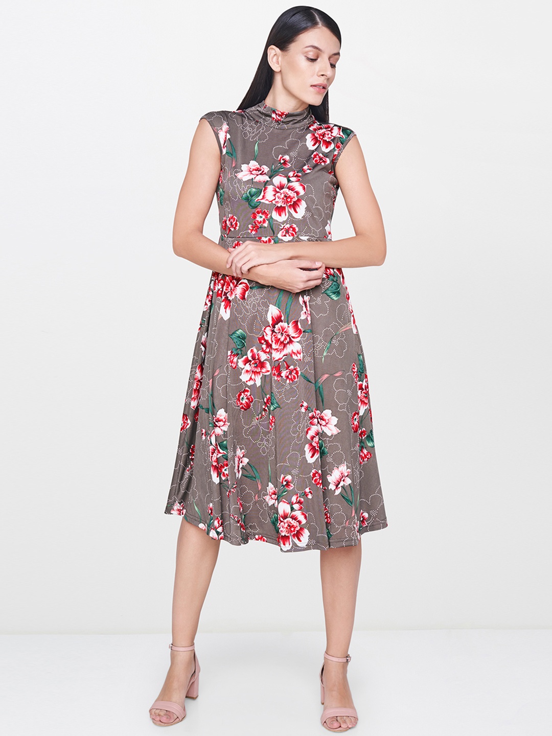 

AND Women Brown & Red Printed A-Line Dress