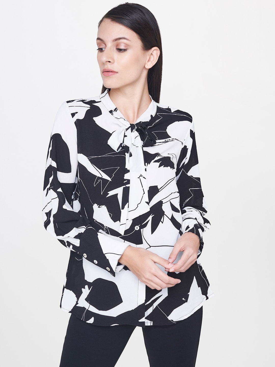 

AND Women Black Printed Shirt Style Top
