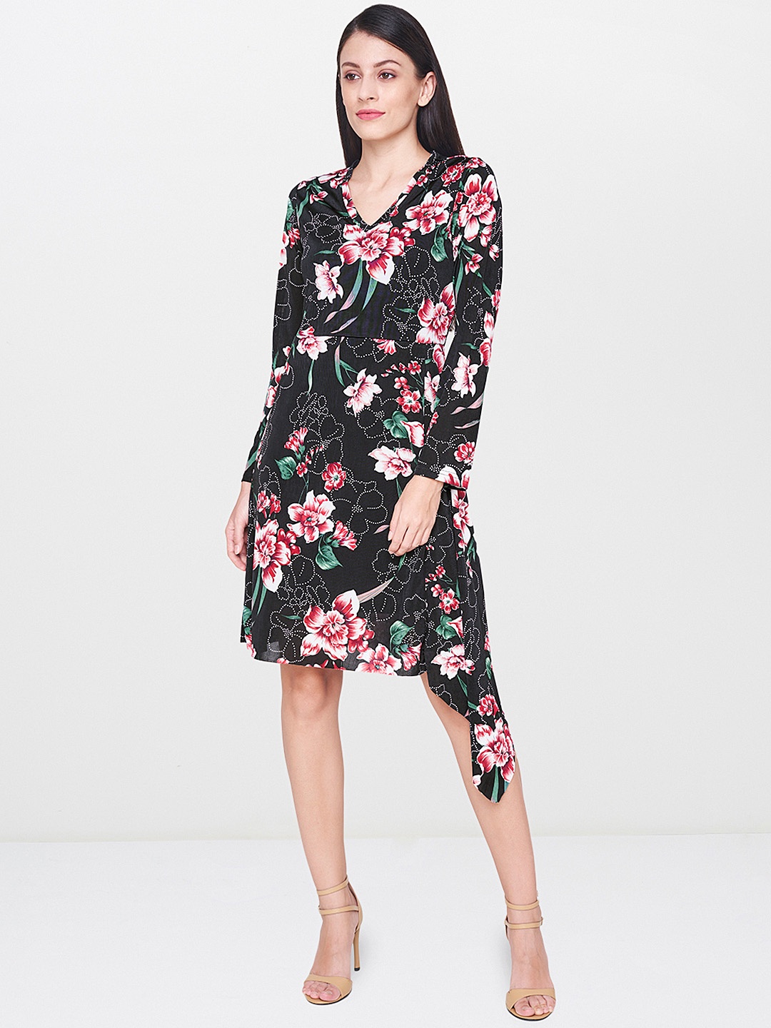

AND Women Black Printed A-Line Dress