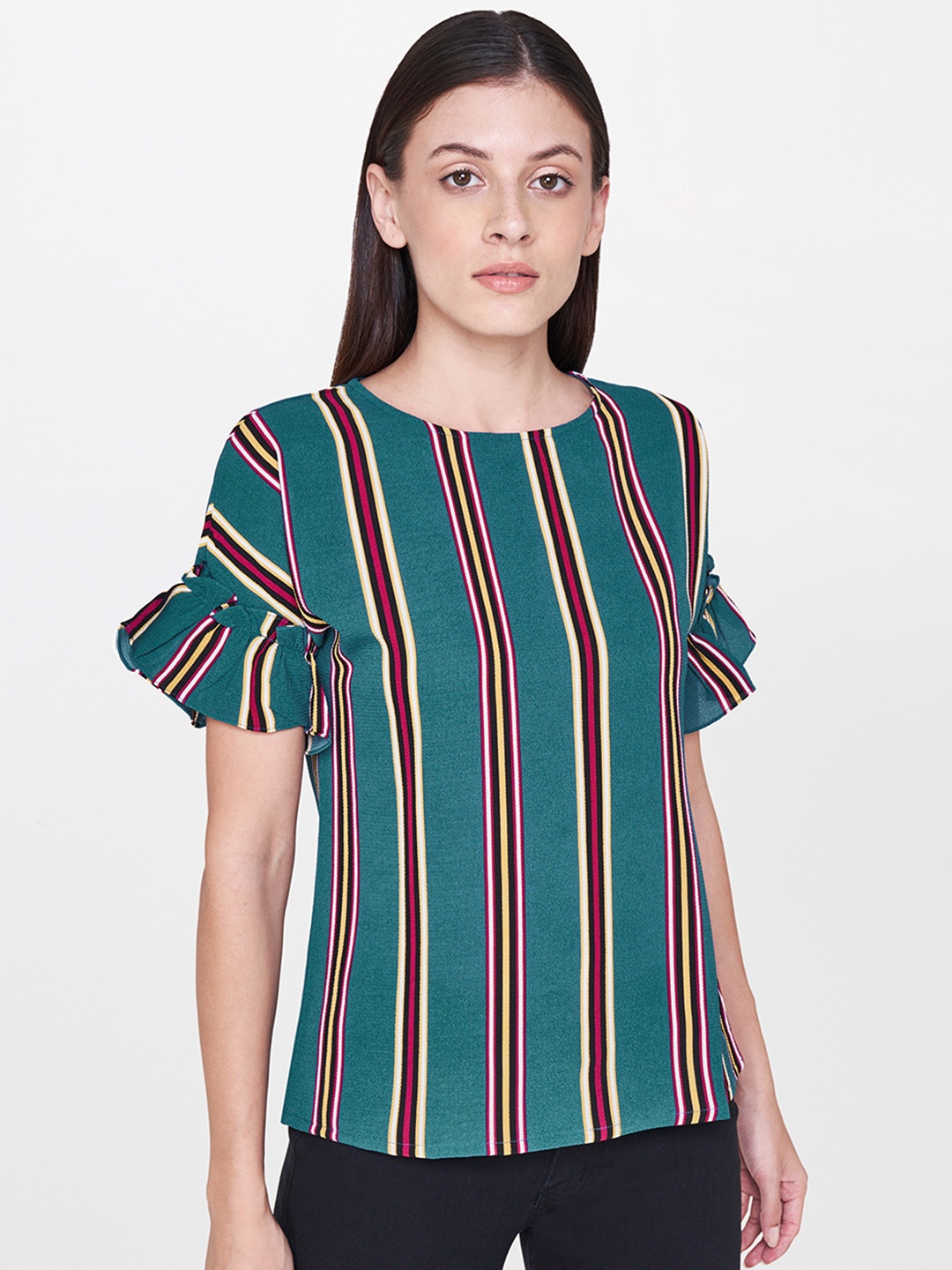 

AND Women Teal Blue & Magenta Striped Top