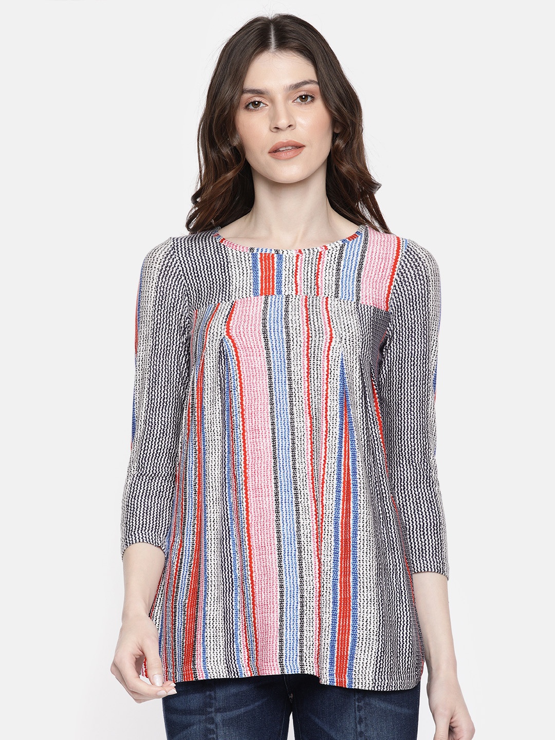 

AND Women Navy Blue & White Striped Regular Top
