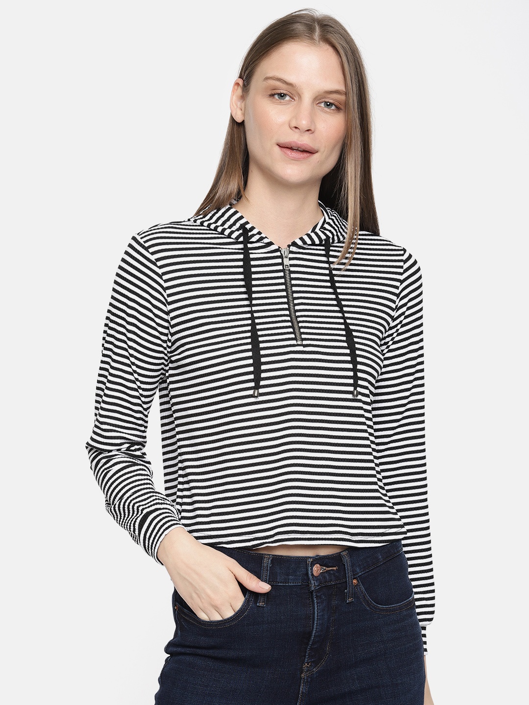 

AND Women Black & White Striped Hooded Cropped T-shirt