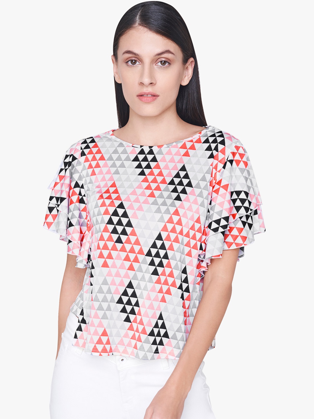 

AND Women Coral Pink & White Printed Top