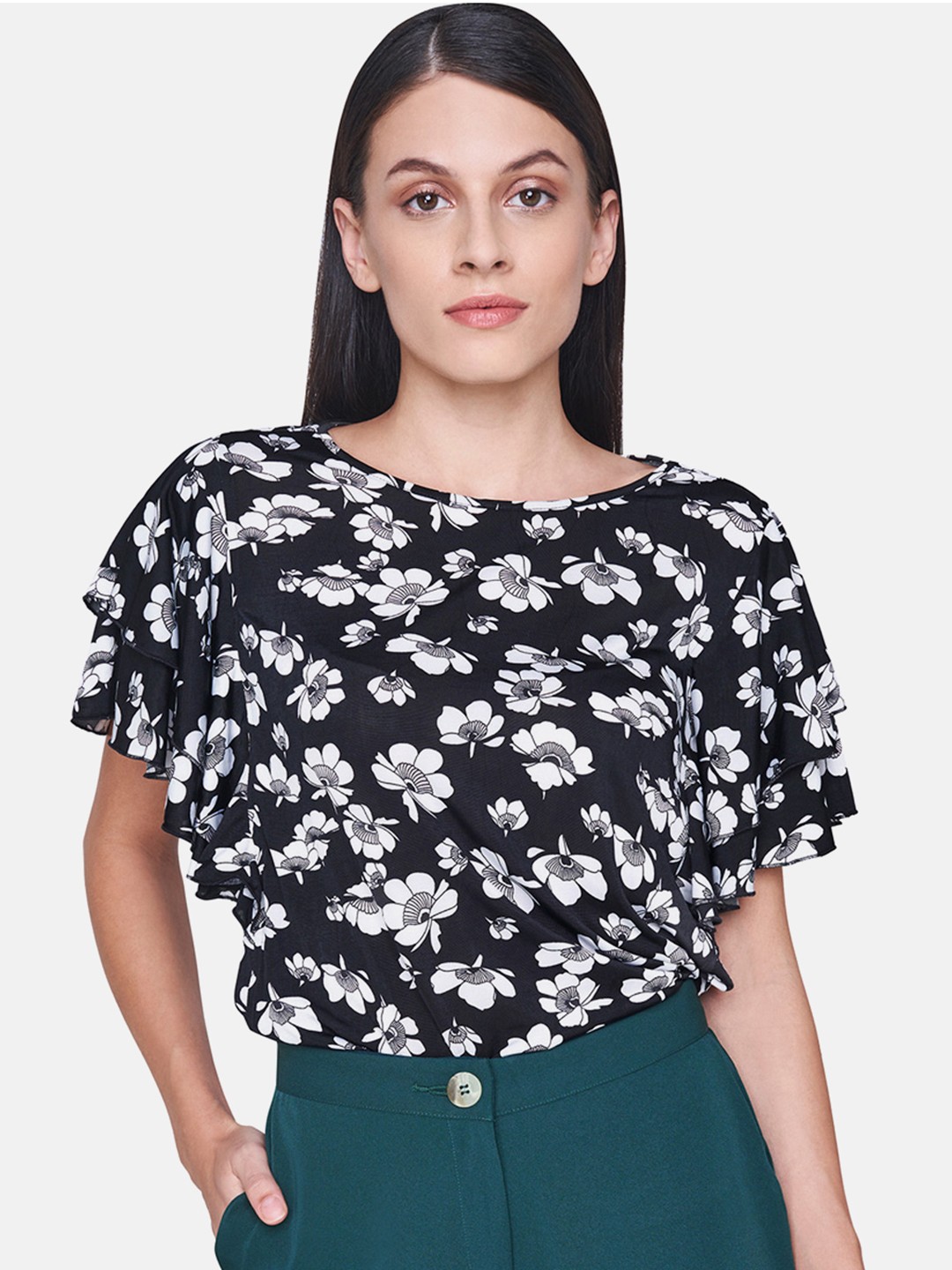 

AND Women Black & White Printed Top